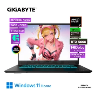 LAPTOP GIGABYTE Gaming A16 Amd Ryzen 7 260, 16GB DDR5, SSD 512GB, RTX 5060 8GB, 16" WQXGA