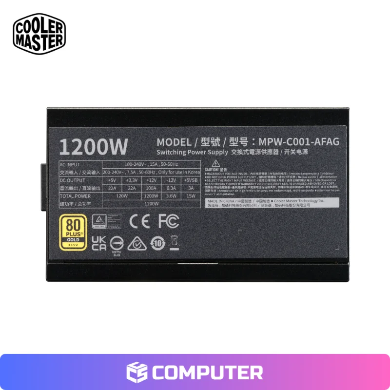 FUENTE DE PODER COOLER MASTER ELITE 1200W 80PLUS GOLD ATX 3.1 PCIE 5.1 FULL MODULAR