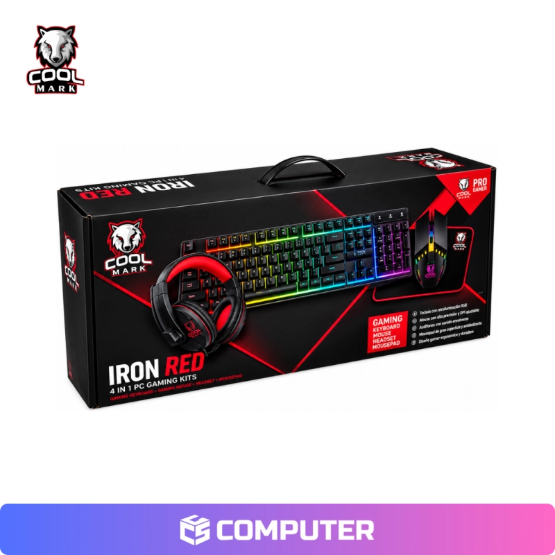 KIT 4 EN 1 COOLMARK IRON RED RAINBOW, TECLADO USB, MOUSE, AUDIFONO, PADMOUSE