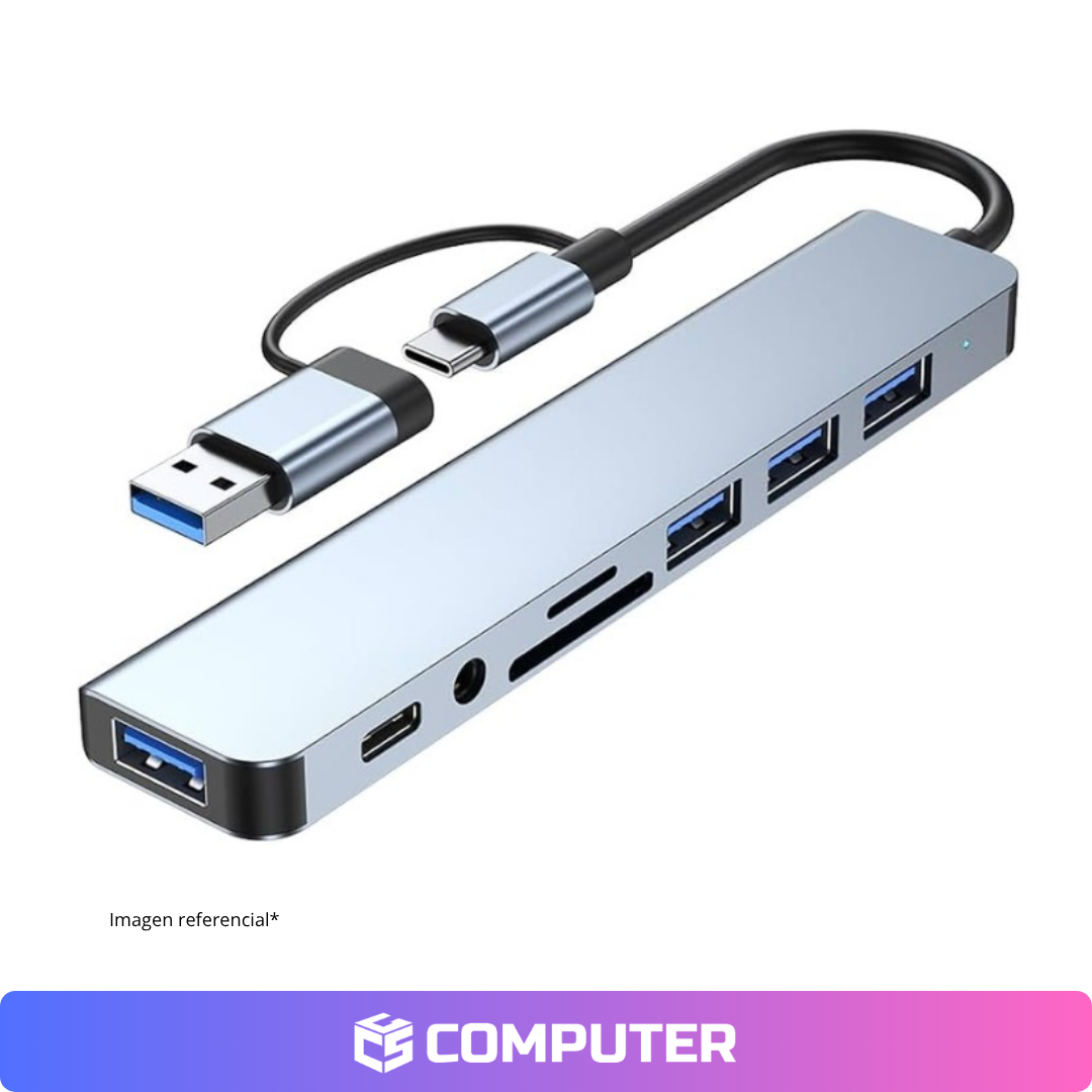 ADAPTADOR USB-C 8 EN 1 4xUSB TIPOC AUX TF/SD