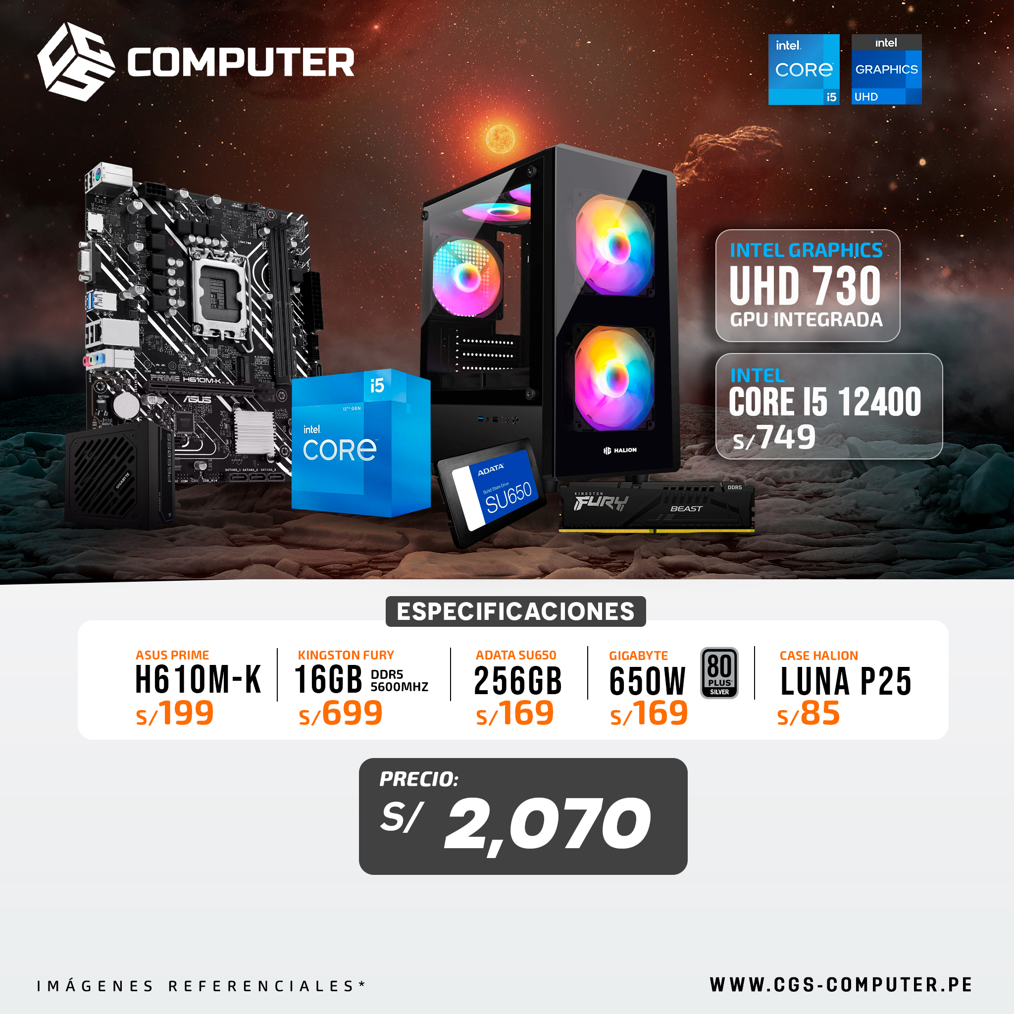 PC Build Core i5 12400 | Intel UHD 730 | H610M | 16GB RAM DDR5 | 256GB SSD