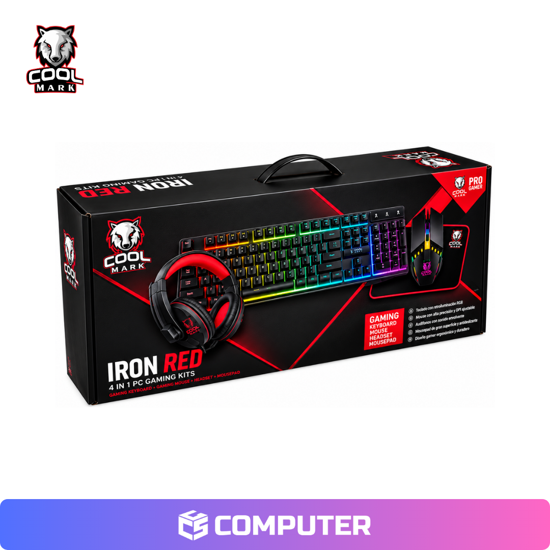 KIT 4 EN 1 COOLMARK IRON RED RAINBOW, TECLADO USB, MOUSE, AUDIFONO, PADMOUSE